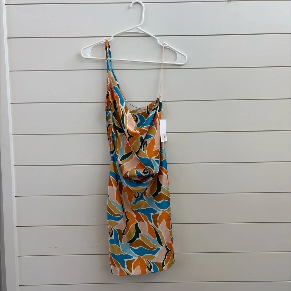 Emory Park One Shoulder Dress in Orange, Blue, and Cream - Picture 2 of 7